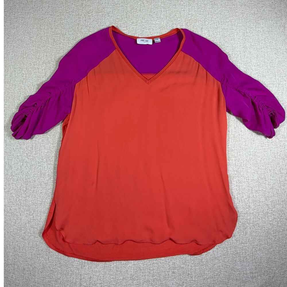 Per Se by Carlisle Women 4 Pink Orange Silk Short Sleeve Blouse Top Designer